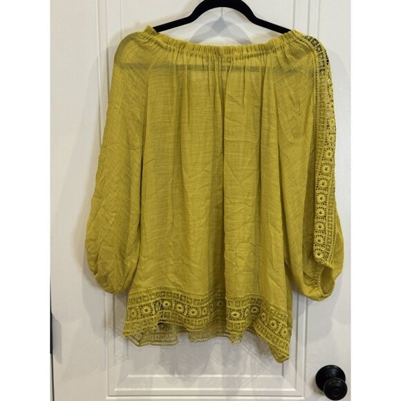 Zac & Rachel Chartreuse/ Mustard Yellow 3/4 Length Sleeves Crochet Lace Top EUC - Picture 2 of 7